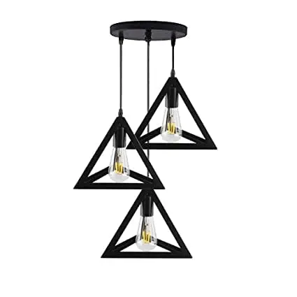 3 Set Vintage Triangle Shape Pendant Light | Hanging Ceiling Light with Braided Cord | Decorative, Fancy Lights for Home, Living Room, Café, Restaurants & Bar (Black) (including antique Bulbs)